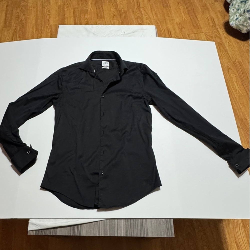 Zara Mens Slim Fit Long Sleeve Button Down Shirt Black French Cuffs Size Small